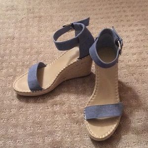 Denim strapped ankle espadrille wedges